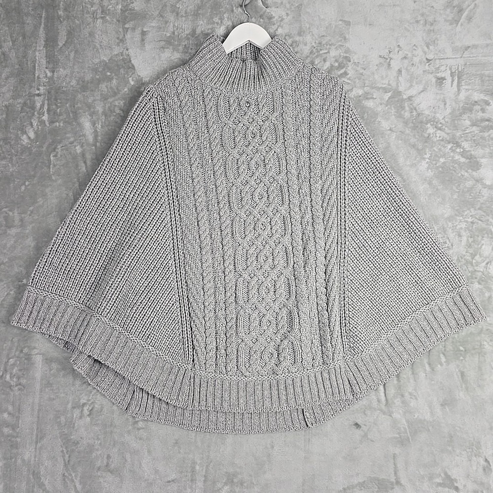 Aran Crafts Womens Merino Wool Cable Knit Poncho Cape Large Grey